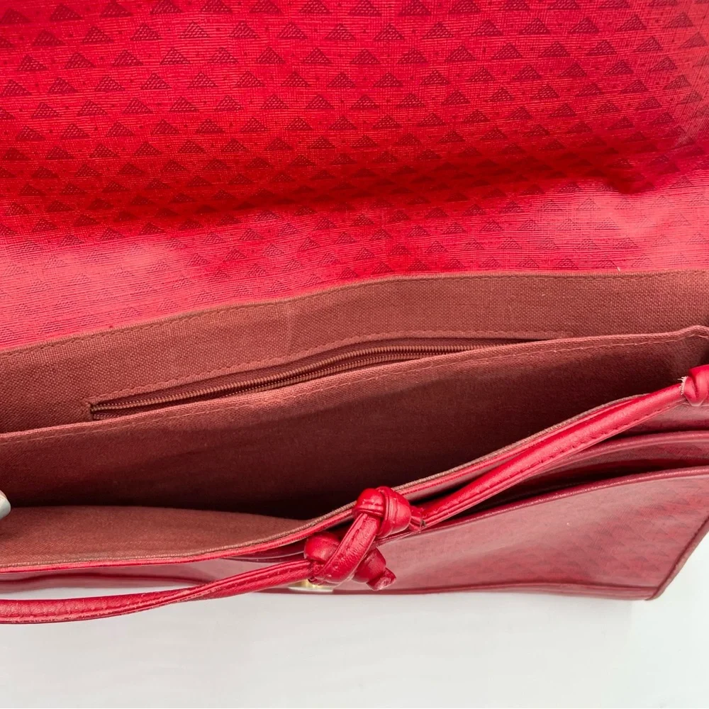 Vintage 1984 Liz Claiborne Red Leather Flap Bag Purse Geometric Print Adjustable